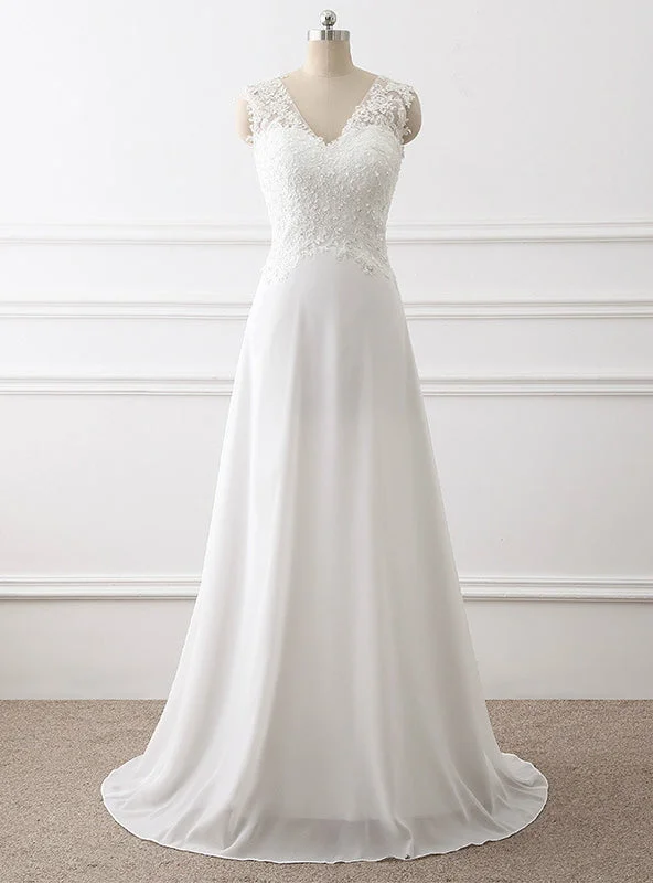 White V-neck Chiffon Lace Beading Wedding Dress Sparkle Bridal Dress