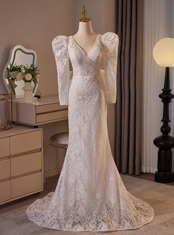 White V-neck Long Sleeve Lace Wedding Dress Romantic Lace Dress