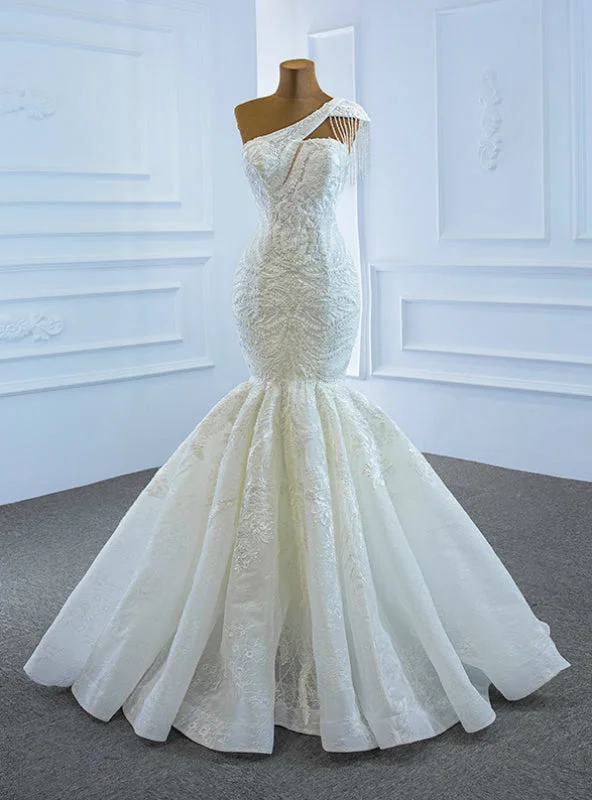 With 1000s Of White Mermaid Tulle Appliques One Shoulder Cap Sleeve Beading Wedding Dress Ruffled Wedding Dress