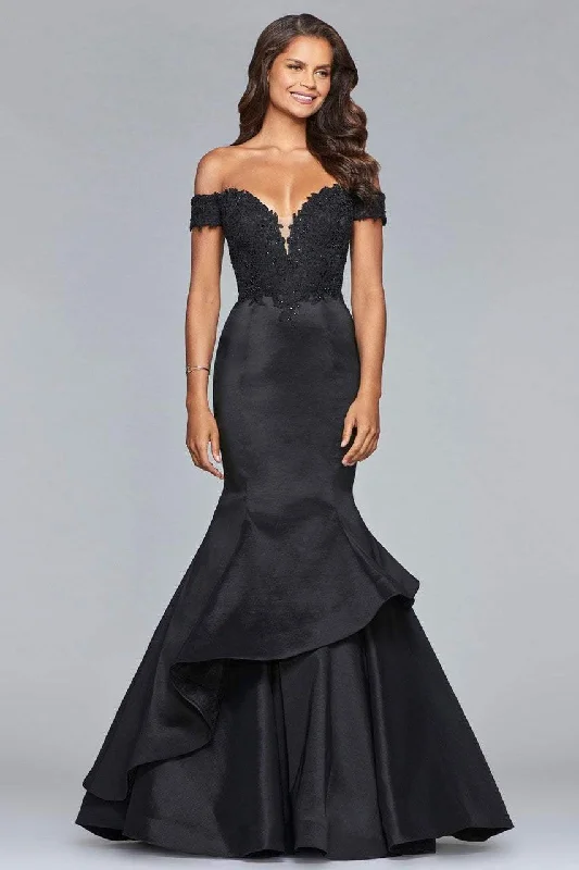 Faviana Plunging Fitted Off Shoulder Mermaid Gown 10103 - 1 pc Black In Size 14 Available Silk party dresses