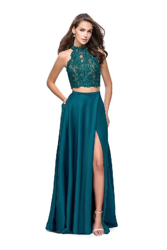 La Femme - 25263 Two-Piece High Halter Lace Up Bodice A-Line Gown Sexy party dresses