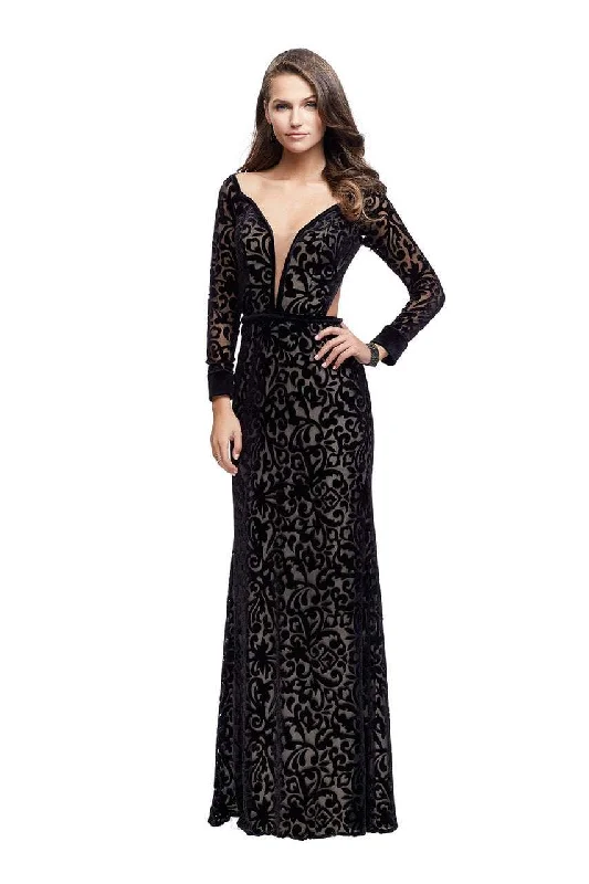 La Femme - 25497 Deep V-neck Velvet Sheath Gown Garden party dresses