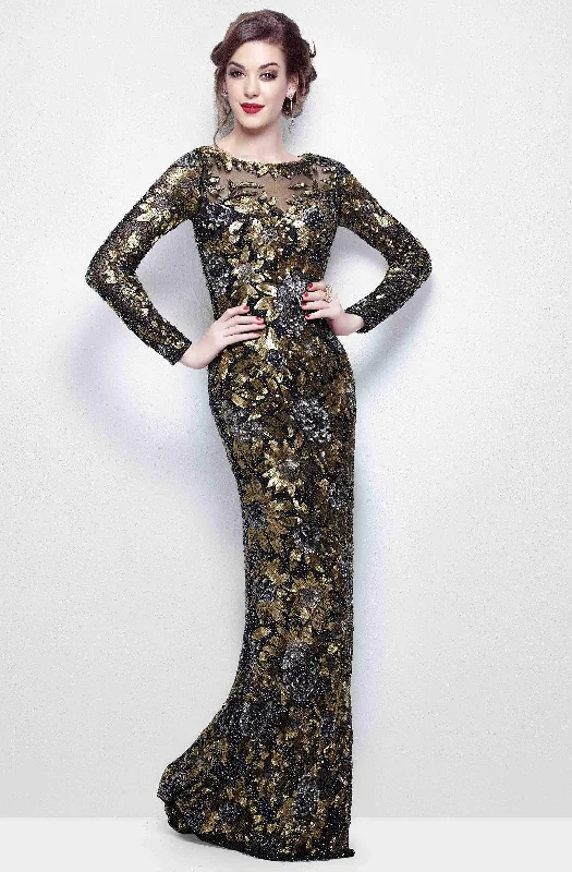 Primavera Couture - Long Sleeve Luxurious Floral Sequined Long Sheath Gown  1401 Boho party dresses