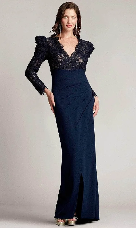 Tadashi Shoji - Puffed Sleeve Evening Gown BTF21173LX - 1 pc Navy/Nude In Size 16 Available Edgy party dresses