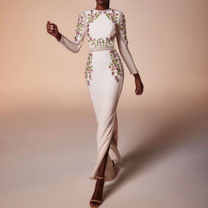 Elegant White Long Sleeves Embroidery Flora Evening Dress SS541 Luxury maxi dresses