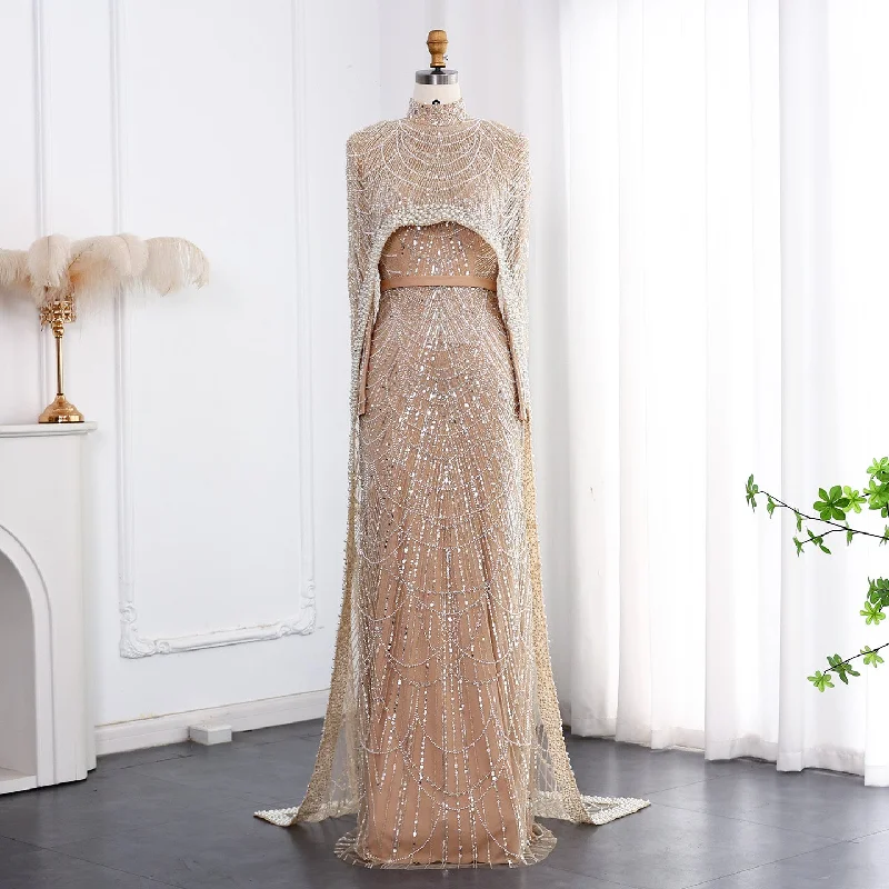 Luxury Long Sleeves Nude Evening Dress with Cape SS369A Fall maxi dresses