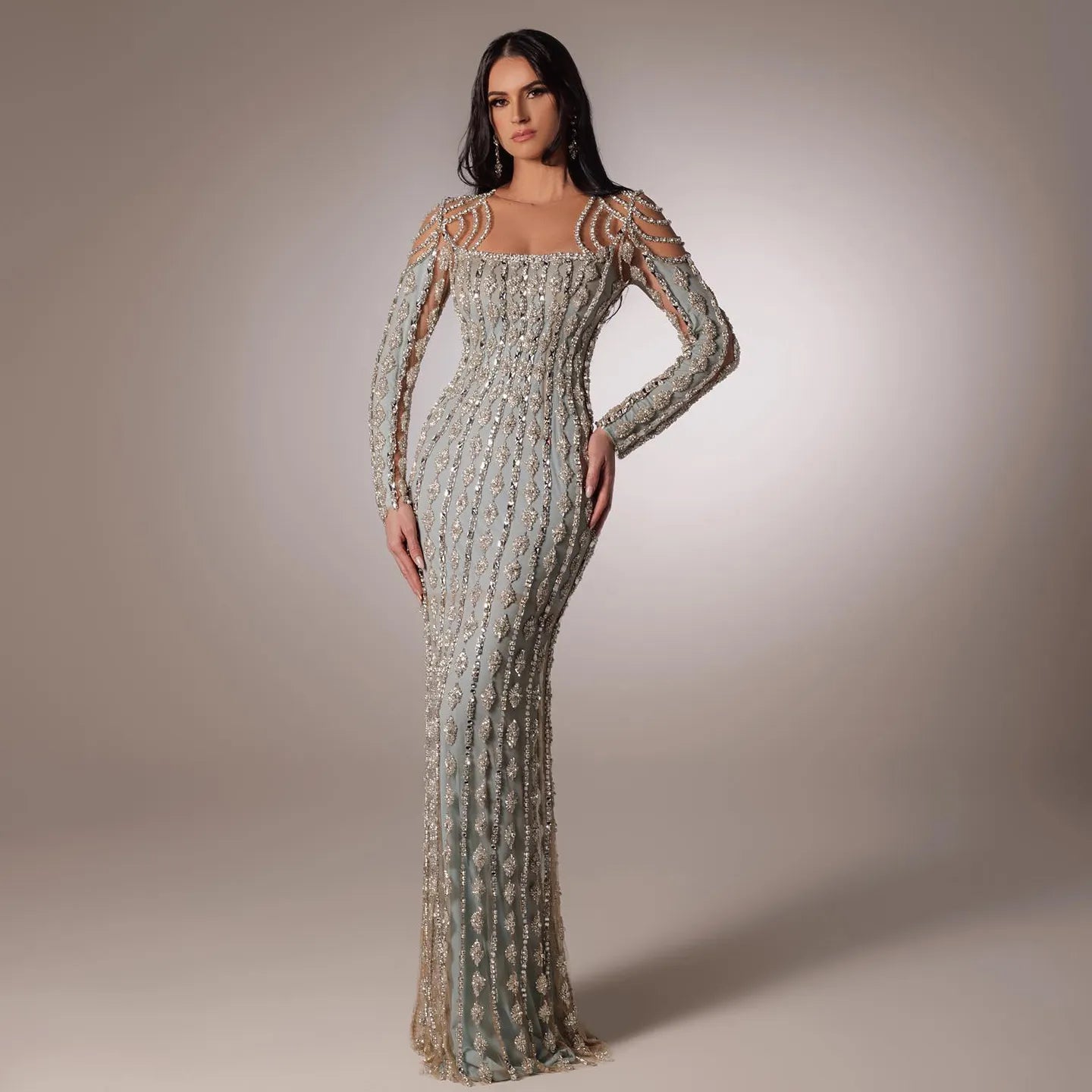 Luxury Sage Green Long Sleeves Mermaid Evening Dress SS398 Edgy maxi dresses