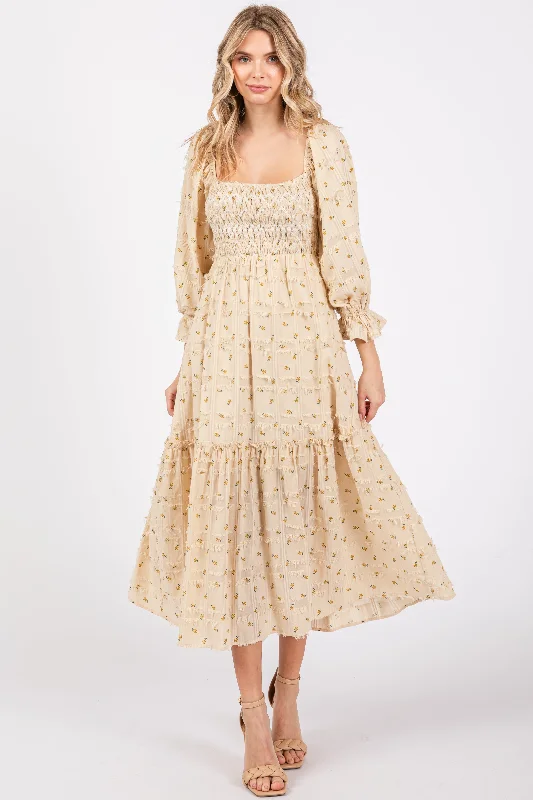 Beige Floral Square Neck Smocked Fringe Midi Dress Fashion-forward midi dresses