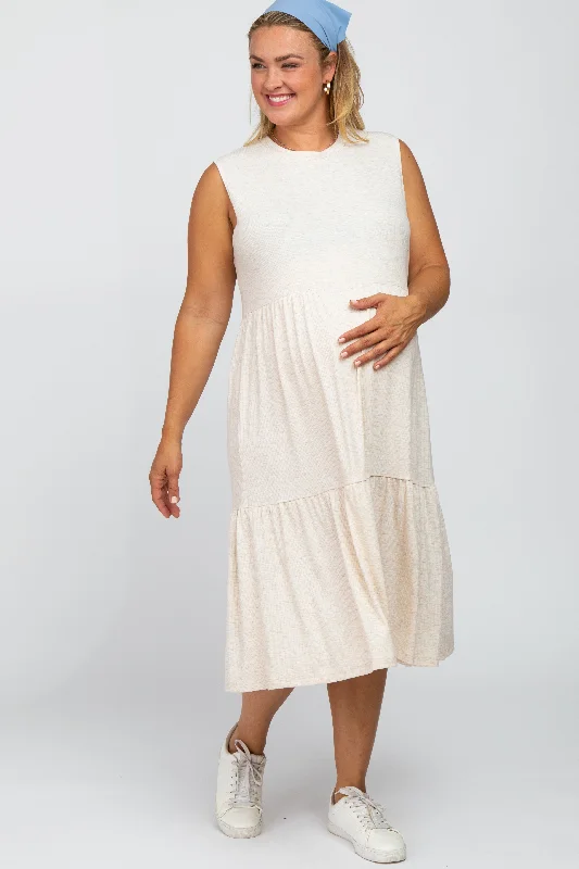 Beige Ribbed Sleeveless Plus Maternity Midi Dress Red carpet midi dresses