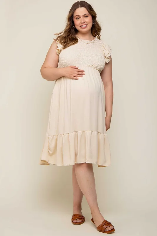 Beige Smocked Layered Ruffle Flutter Sleeve Maternity Plus Midi Dress Cocktail midi dresses