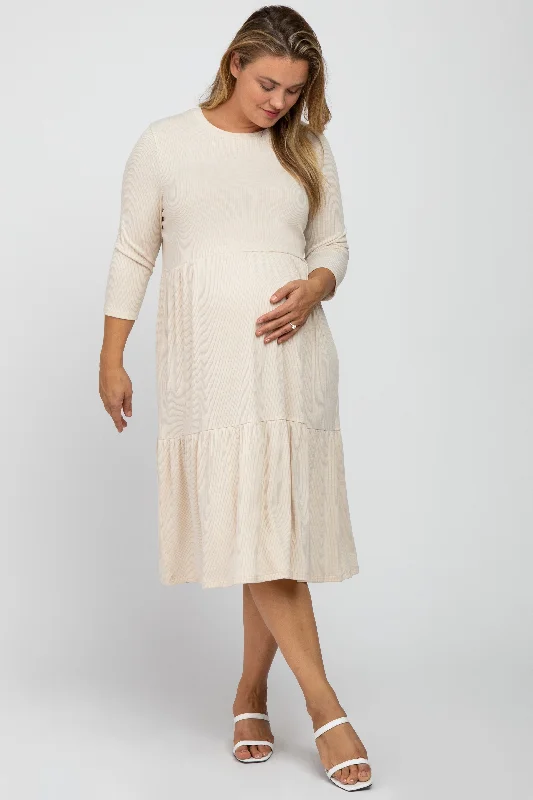 Beige Tiered Ribbed 3/4 Sleeve Plus Maternity Midi Dress Anniversary midi dresses