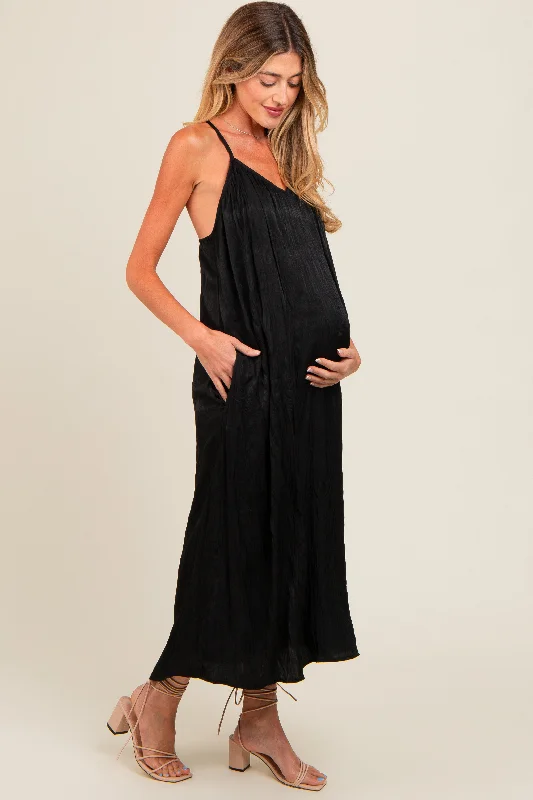 Black Crinkle V-Neck Cross Back Maternity Midi Dress Best midi dresses for plus size