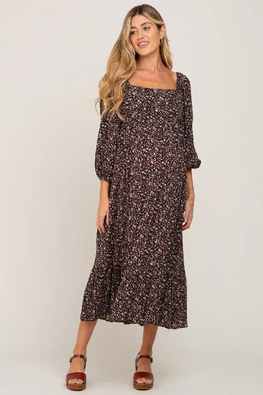 Black Floral 3/4 Sleeve Maternity Midi Dress Boohoo midi dresses