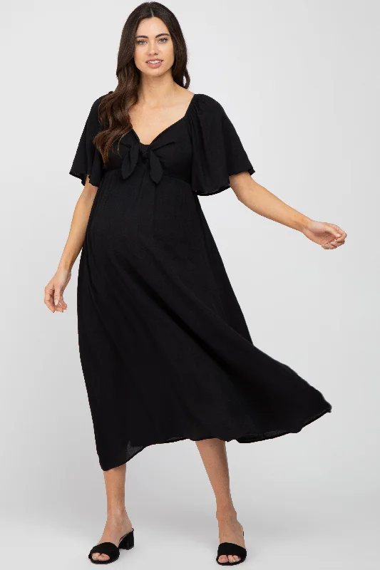 Black Front Tie Ruffle Sleeve Maternity Midi Dress Cotton midi dresses