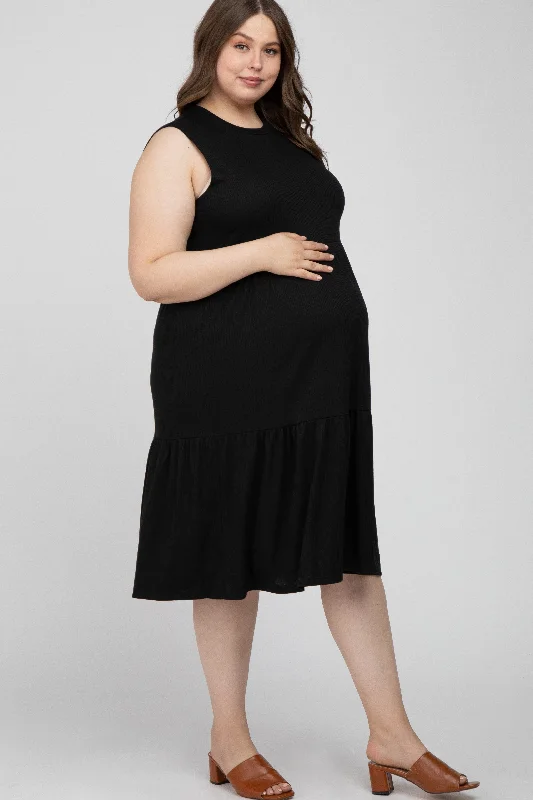 Black Ribbed Sleeveless Plus Maternity Midi Dress Tiered midi dresses