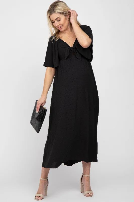 Black Textured Dot Front Tie Ruffle Sleeve Maternity Midi Dress Denim midi dresses