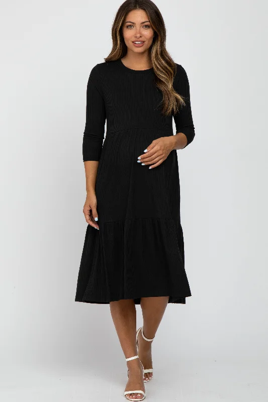 Black Tiered Ribbed 3/4 Sleeve Maternity Midi Dress PrettyLittleThing midi dresses