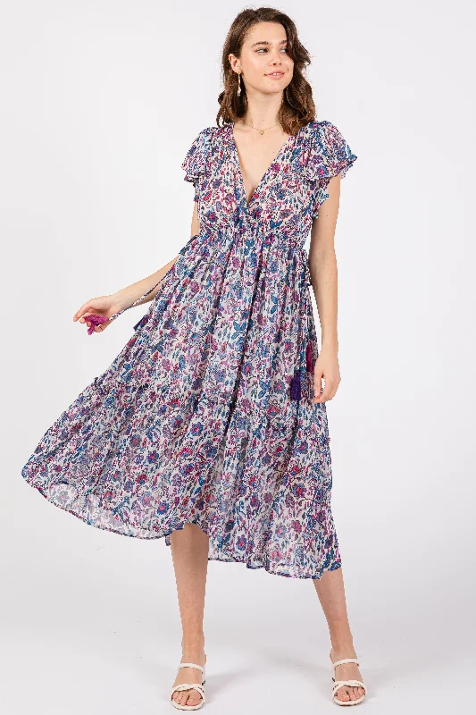 Blue Floral Chiffon Flutter Sleeve Ruffle Hem Midi Dress H&M midi dresses