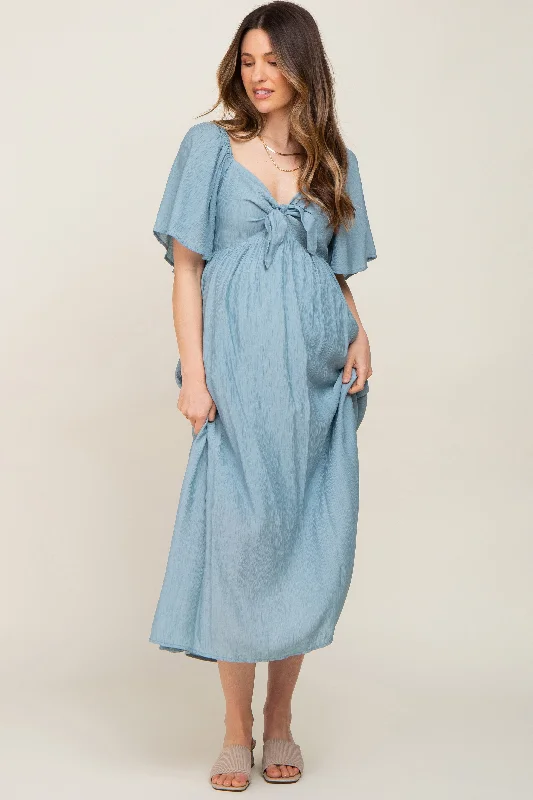 Blue Front Tie Ruffle Sleeve Maternity Midi Dress Clubbing midi dresses