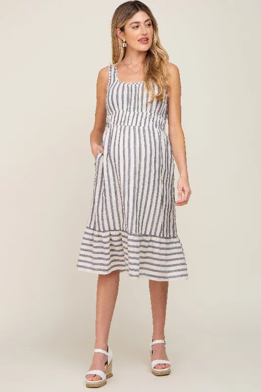 Blue Striped Sleeveless Ruffle Hem Maternity Midi Dress Smocked midi dresses