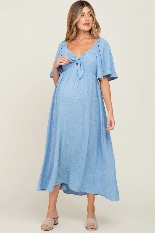 Blue Textured Dot Front Tie Ruffle Sleeve Maternity Midi Dress Versatile midi dresses for all occasions