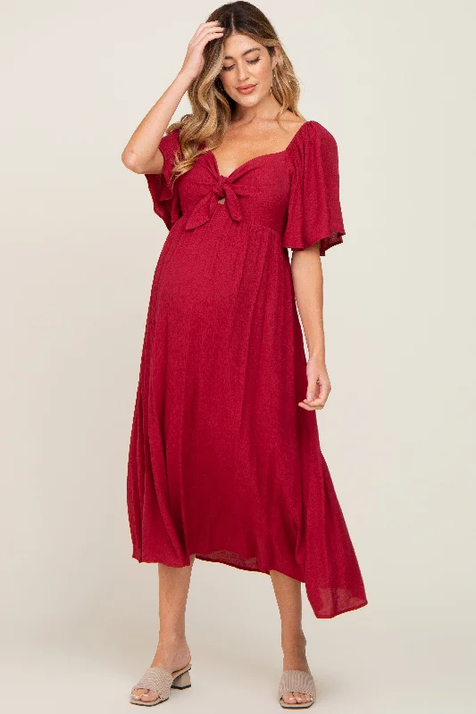 Burgundy Front Tie Ruffle Sleeve Maternity Midi Dress Best midi dresses for casual wear