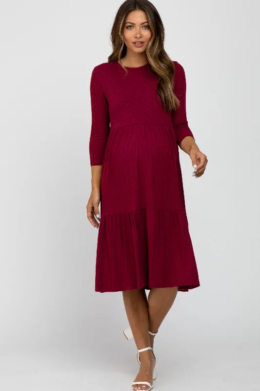 Burgundy Tiered Ribbed 3/4 Sleeve Maternity Midi Dress Glamorous midi dresses