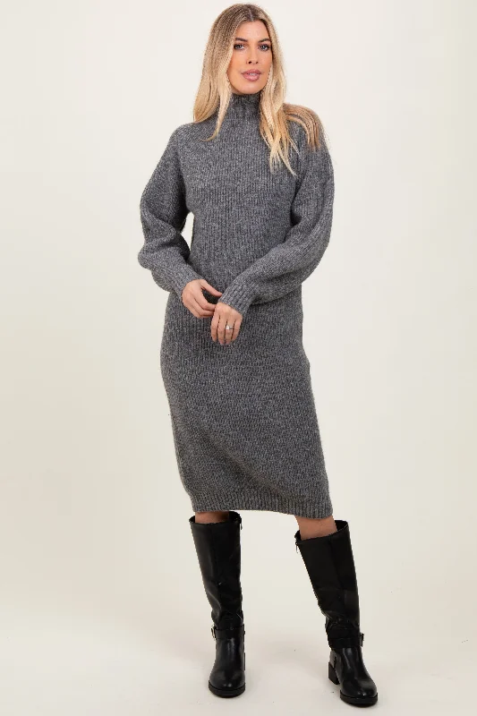 Charcoal Mock Neck Bubble Sleeve Midi Sweater Dress Sexy midi dresses