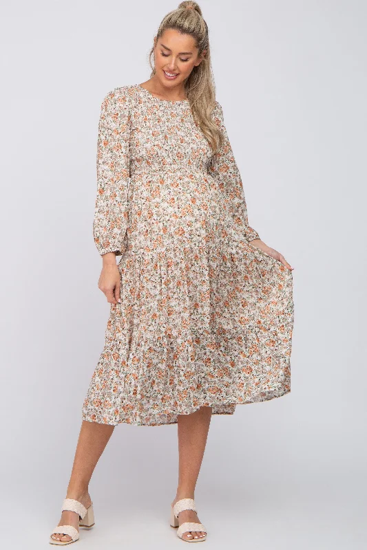 Cream Floral Smocked 3/4 Sleeve Maternity Midi Dress Prom midi dresses