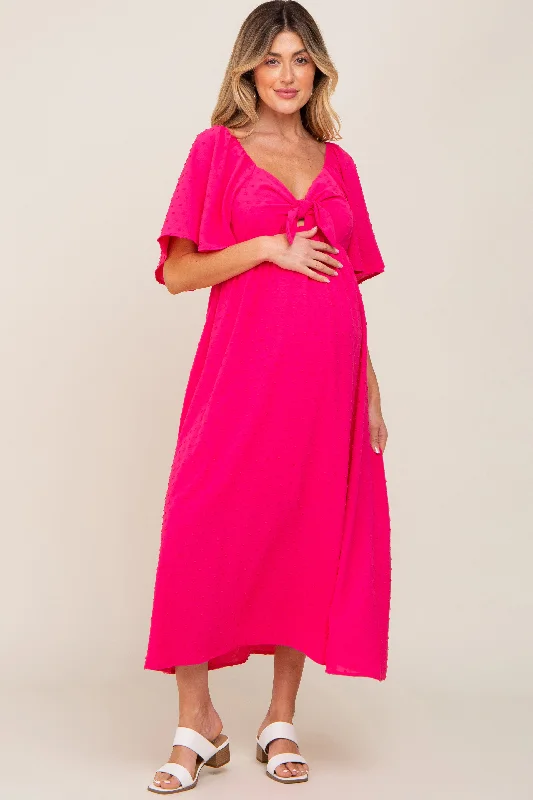 Fuchsia Textured Dot Front Tie Ruffle Sleeve Maternity Midi Dress Discounted midi dresses