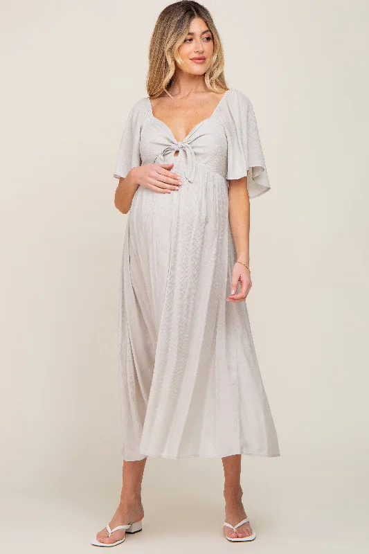 Grey Front Tie Ruffle Sleeve Maternity Midi Dress Winter midi dresses