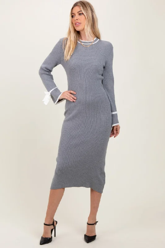 Grey Knit Bow Detail Sleeve Midi Sweater Dress Long sleeve midi dresses