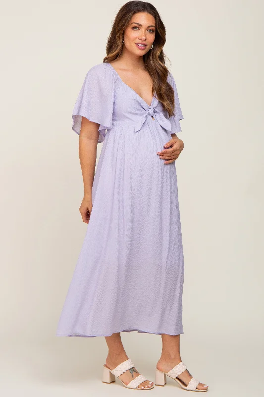 Lavender Front Tie Ruffle Sleeve Maternity Midi Dress Fall midi dresses