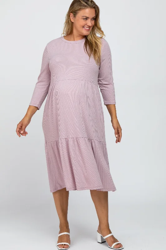 Lavender Tiered Ribbed 3/4 Sleeve Plus Maternity Midi Dress Best midi dresses for curvy figures