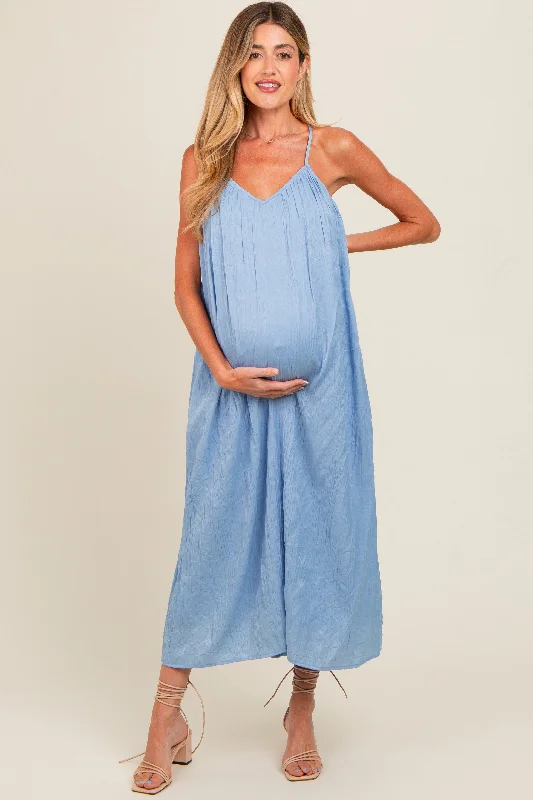 Light Blue Crinkle V-Neck Cross Back Maternity Midi Dress Lightweight midi dresses for hot weather