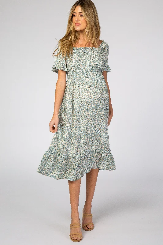 Light Blue Floral Ruffle Maternity Midi Dress Office midi dresses