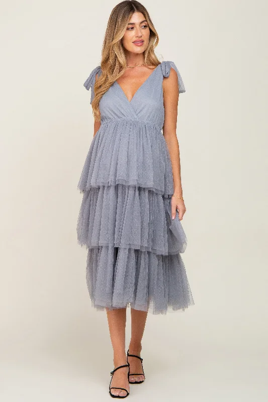 Light Blue Sleeveless Tiered Tie Strap Tulle Maternity Midi Dress Women's trendy midi dresses sale