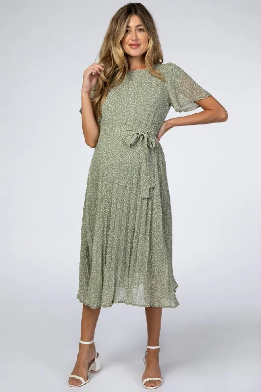 Light Olive Leaf Print Pleated Maternity Midi Dress Summer midi dresses