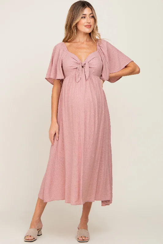 Mauve Front Tie Ruffle Sleeve Maternity Midi Dress Comfortable midi dresses for everyday wear