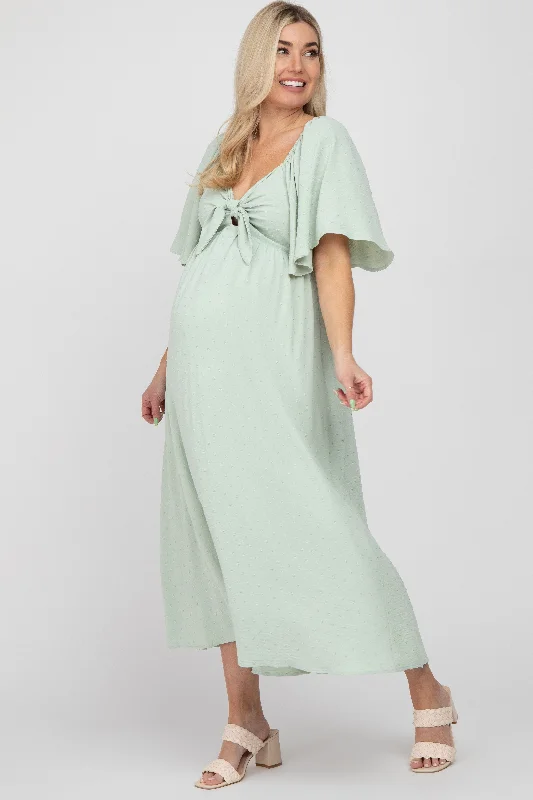 Mint Green Textured Dot Front Tie Ruffle Sleeve Maternity Midi Dress Silk midi dresses