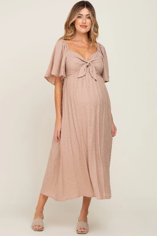 Mocha Front Tie Ruffle Sleeve Maternity Midi Dress Flattering midi dresses for all body types