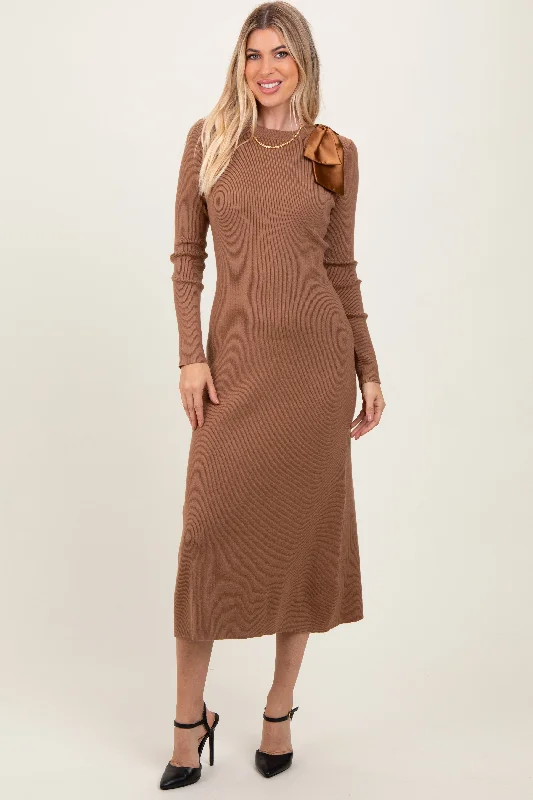 Mocha Shoulder Bow Detail Midi Knit Dress Casual midi dresses