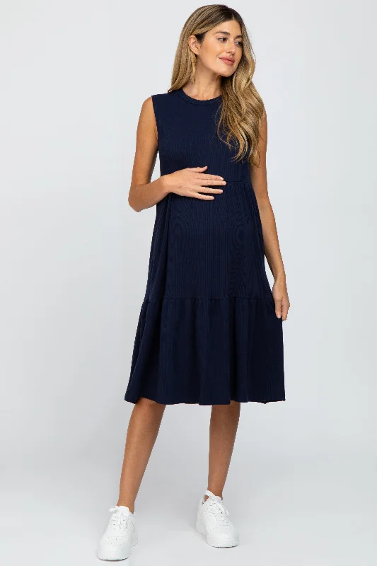 Navy Ribbed Sleeveless Maternity Midi Dress ASOS midi dresses