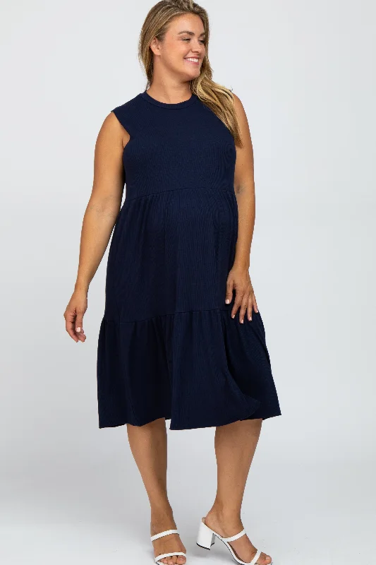 Navy Ribbed Sleeveless Plus Maternity Midi Dress Budget-friendly midi dresses