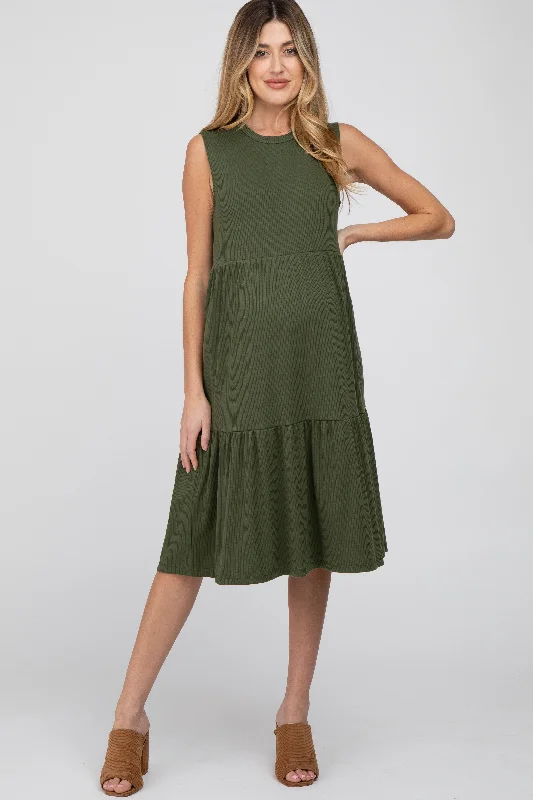 Olive Ribbed Tiered Maternity Midi Dress Date night midi dresses