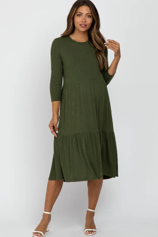 Olive Tiered Ribbed 3/4 Sleeve Maternity Midi Dress Boho midi dresses