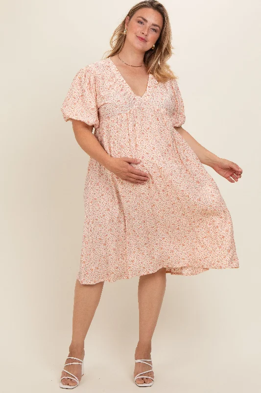 Peach Floral Puff Sleeve Plus Maternity Midi Dress Off-shoulder midi dresses