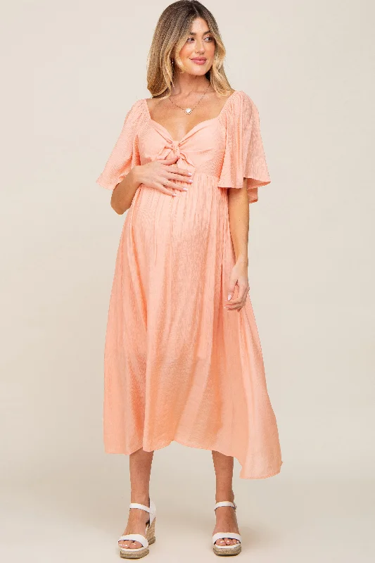 Peach Front Tie Ruffle Sleeve Maternity Midi Dress Cheap midi dresses