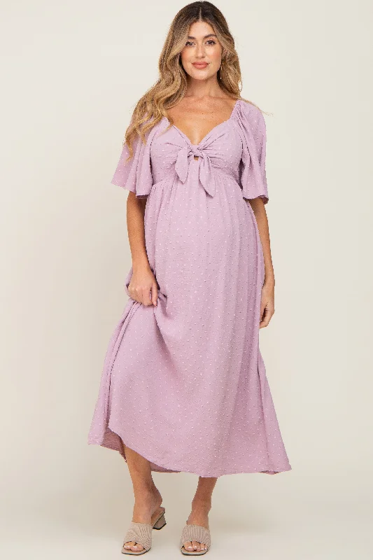 Pink Textured Dot Front Tie Ruffle Sleeve Maternity Midi Dress Must-have midi dresses for this season