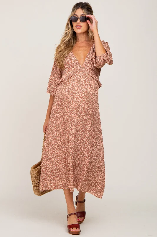 Rust Floral Ruffle V-Neck Maternity Midi Dress Spring midi dresses